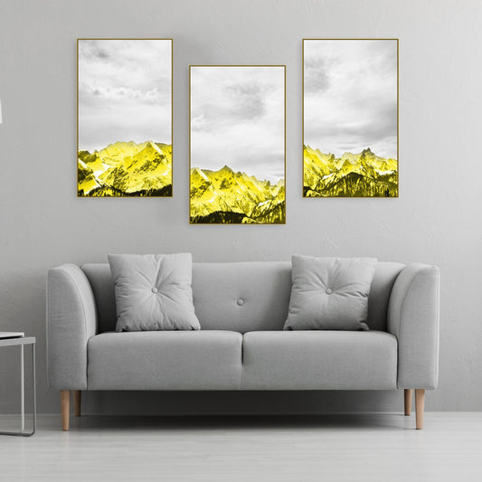 Goldene Berge Wandkunst, 3er Set Drucke Leinwandgemälde, Wandbilder Berge, Natur Wandkunst, Bergkunstdruck