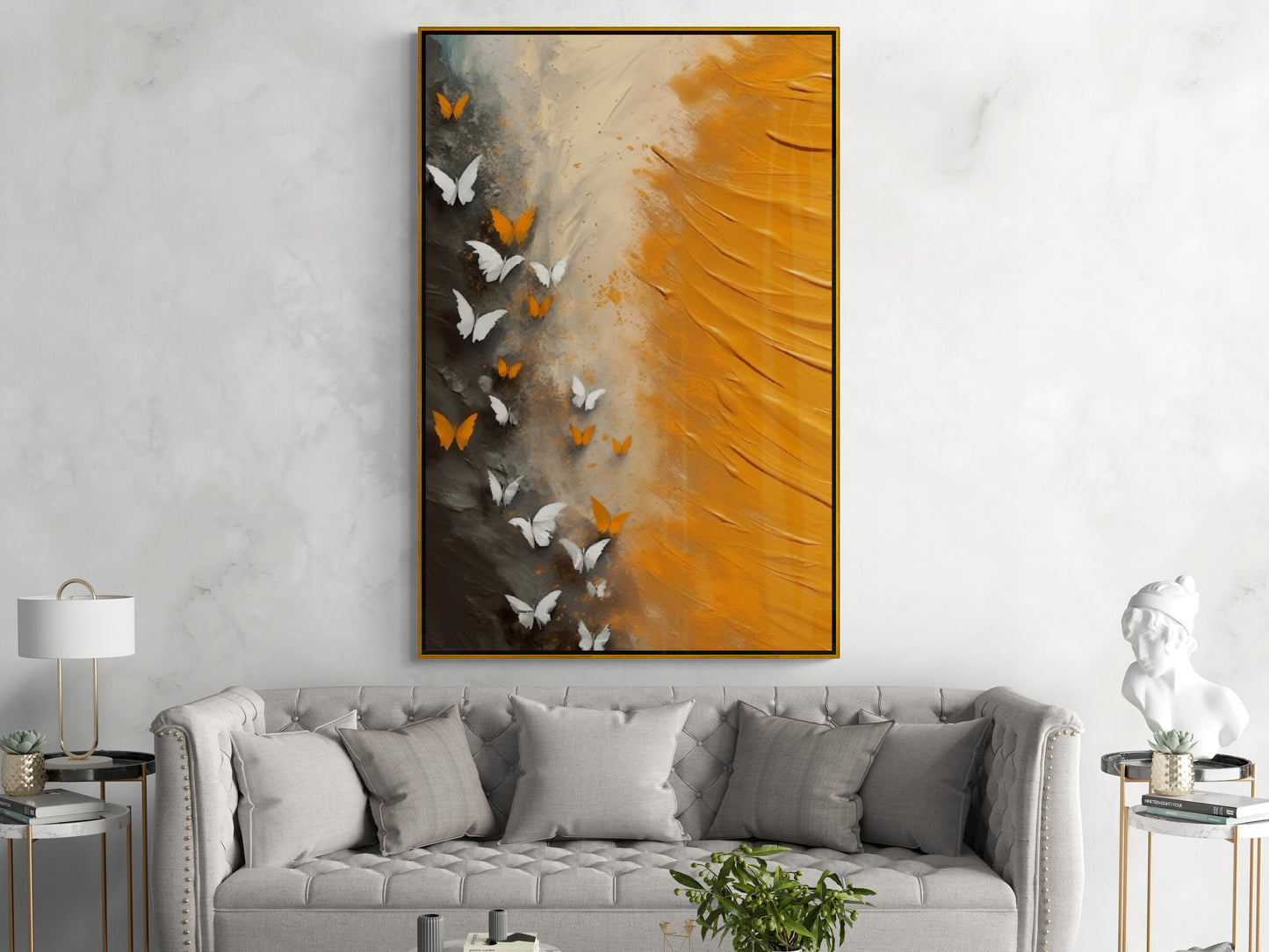 Abstrakte Wandkunst, gerahmtes Schmetterlingsbild, druckbare orange Wandkunst, großer Leinwanddruck im Floater-Rahmen, zeitgenössische Wandkunst fürs Wohnzimmer