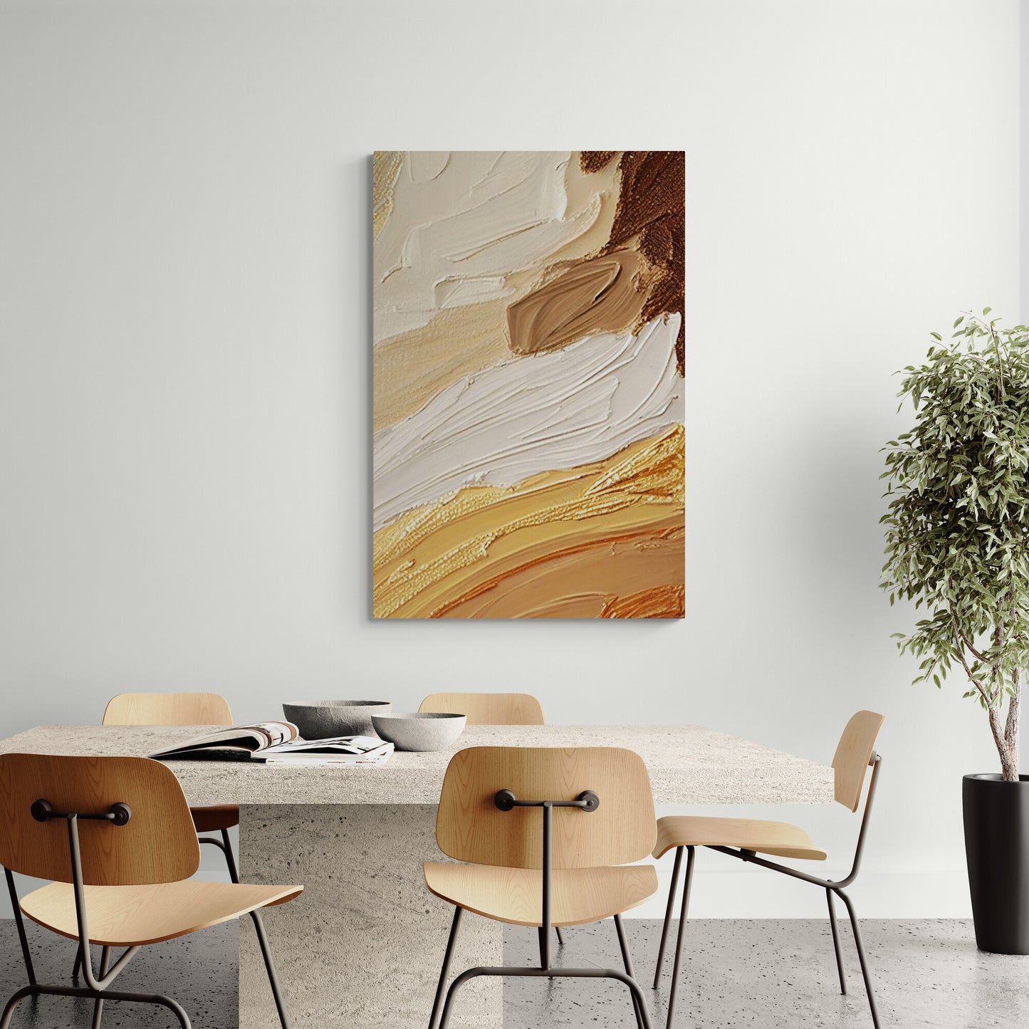 Abstraktes Ölgemälde-Effekt-Wandbild, gerahmter 3D-Effekt-Leinwanddruck, Kunstwerk in beige-orange und braunen Farben, Goldrahmen-Wandbild, Geschenk für ihn