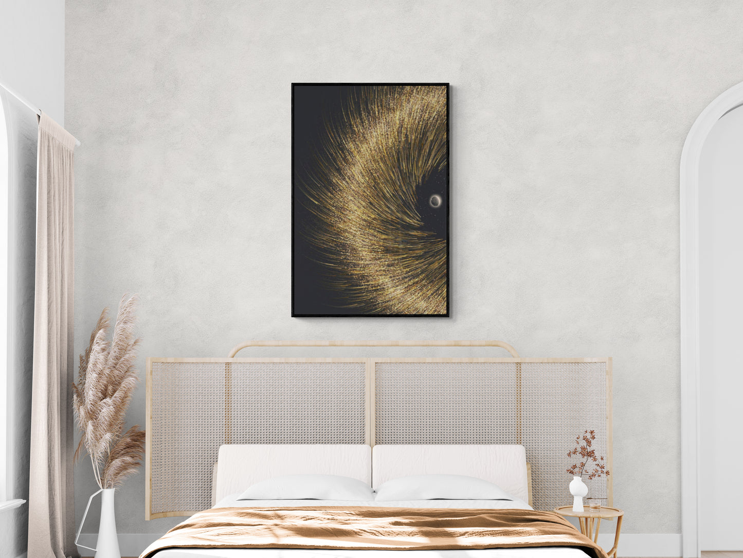 Abstraktes Sonnensystem Wandkunst, gerahmter gold-schwarzer Kunstdruck, gerahmter zeitgenössischer Leinwanddruck, moderne Wandkunst, Schlafzimmerkunst, Geschenk für den Chef
