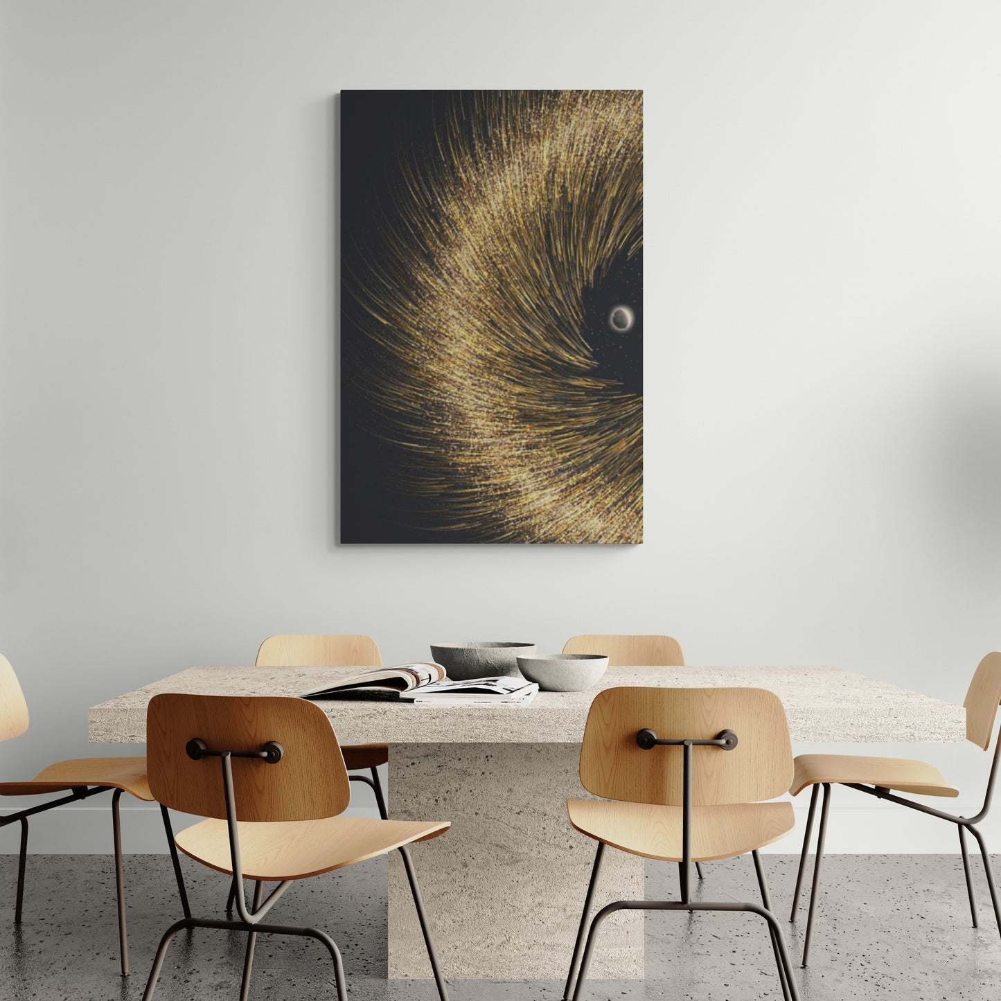 Abstraktes Sonnensystem Wandkunst, gerahmter gold-schwarzer Kunstdruck, gerahmter zeitgenössischer Leinwanddruck, moderne Wandkunst, Schlafzimmerkunst, Geschenk für den Chef