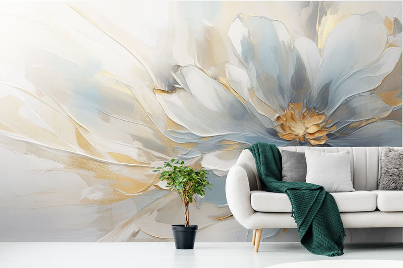 Extra große Blumentapete, Blumen Wandbild zum Abziehen und Aufkleben, blau-goldene Tapete selbstklebend, botanisches abnehmbares Wandbild, Schlafzimmertapete