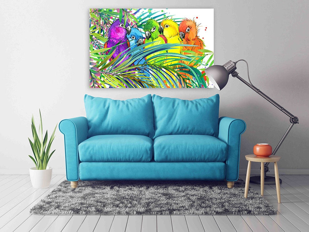 Vogel Wandkunst, Papagei Wandkunst Gemälde auf Leinwand, tropische Wandkunst, Wohnwanddekor Leinwandgemälde helle Wandkunst extra große Wandkunst