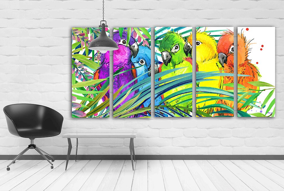 Vogel Wandkunst, Papagei Wandkunst Gemälde auf Leinwand, tropische Wandkunst, Wohnwanddekor Leinwandgemälde helle Wandkunst extra große Wandkunst
