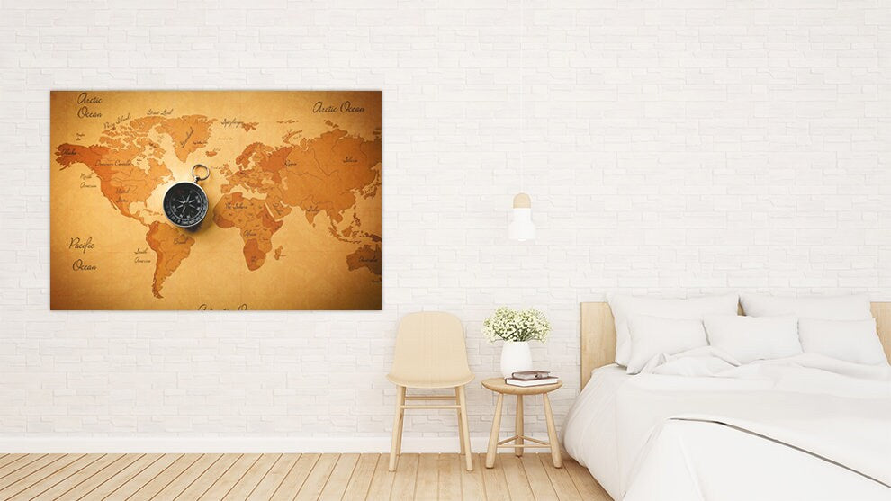 Wandkunstgemälde mit Weltkarte auf Leinwand, Wanddekoration für Zuhause, Leinwandgemälde, Einweihungs- und Hochzeitsgeschenk