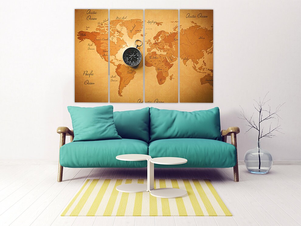 Wandkunstgemälde mit Weltkarte auf Leinwand, Wanddekoration für Zuhause, Leinwandgemälde, Einweihungs- und Hochzeitsgeschenk