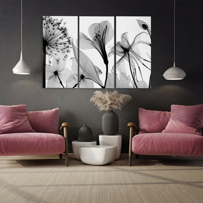 Blumen-Wandbilder auf Leinwand, Wanddekoration für Zuhause, Leinwandgemälde, Schwarz-Weiß-Kunst, botanische Gemälde, extra große Wandkunst