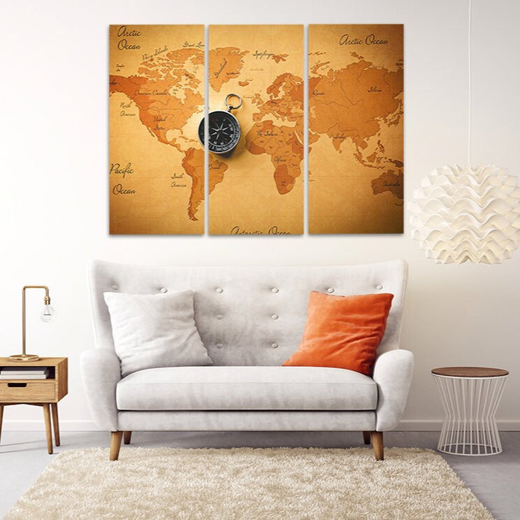 Wandkunstgemälde mit Weltkarte auf Leinwand, Wanddekoration für Zuhause, Leinwandgemälde, Einweihungs- und Hochzeitsgeschenk
