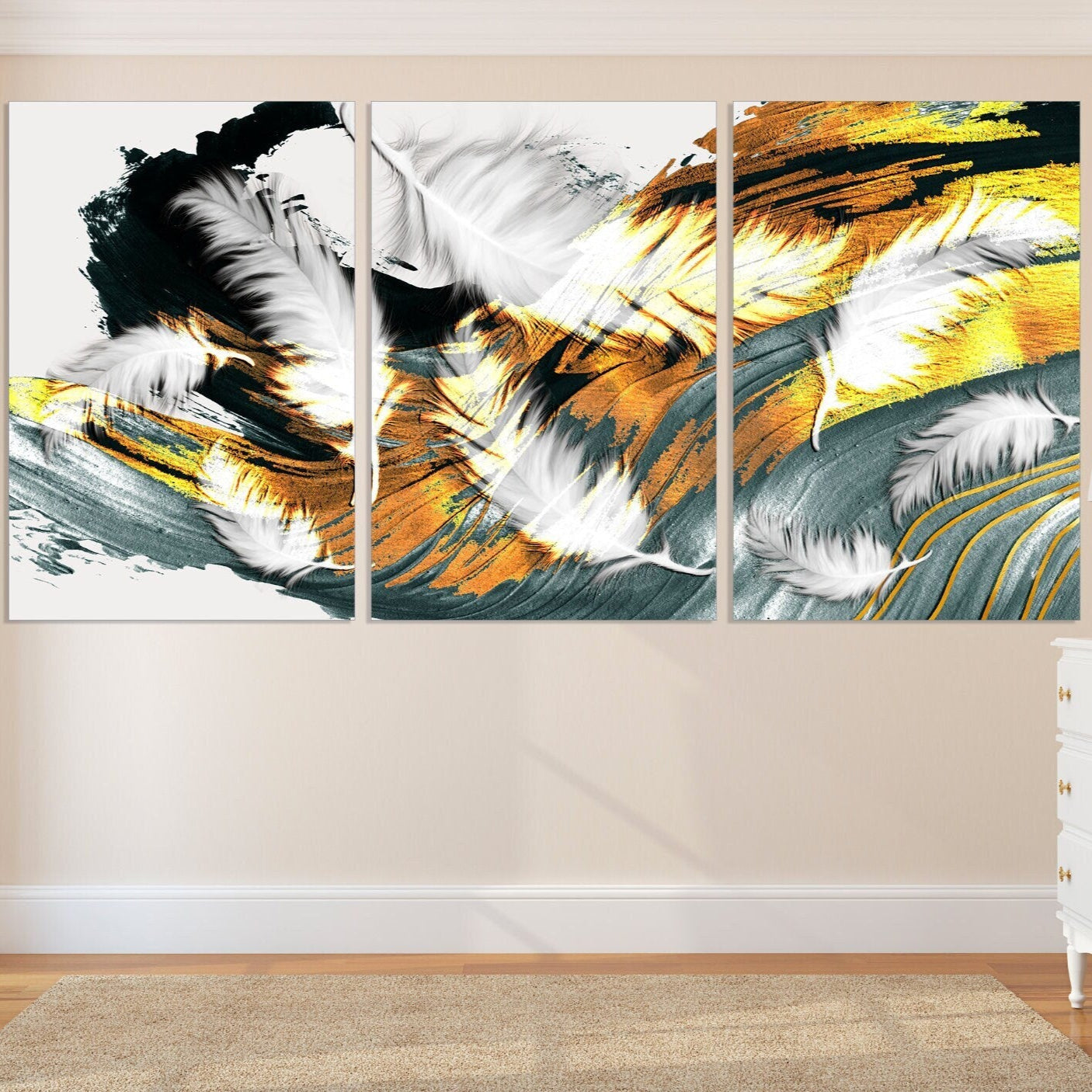 Federn im Stil Leinwandgemälde Großes Wandbild gerahmte Leinwand Home Wanddekoration 3-teilige Leinwand Indie Raumdekoration Straußenfedern