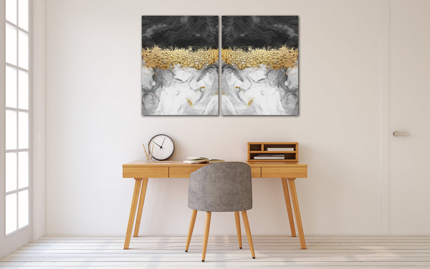Schwarz-weiß-goldene abstrakte übergroße Wandkunst, modernes extra großes Leinwandgemälde
