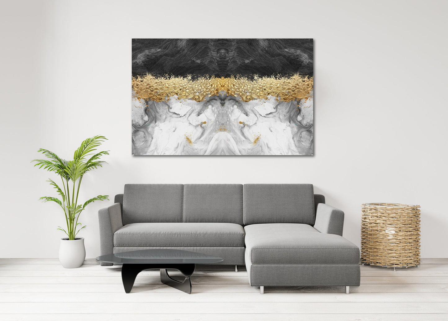 Schwarz-weiß-goldene abstrakte übergroße Wandkunst, modernes extra großes Leinwandgemälde