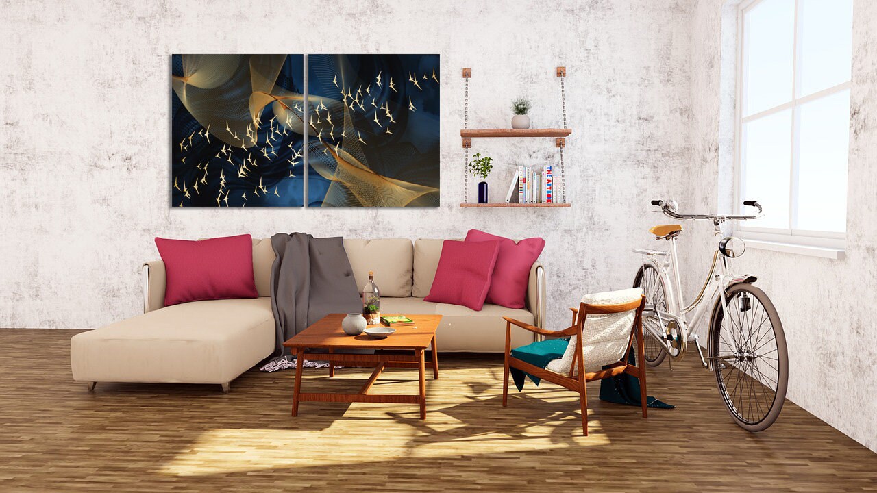 Blau-goldenes abstraktes Gemälde, trendiger abstrakter Leinwand-Wandkunstdruck, mehrteiliges extra großes Wandbild