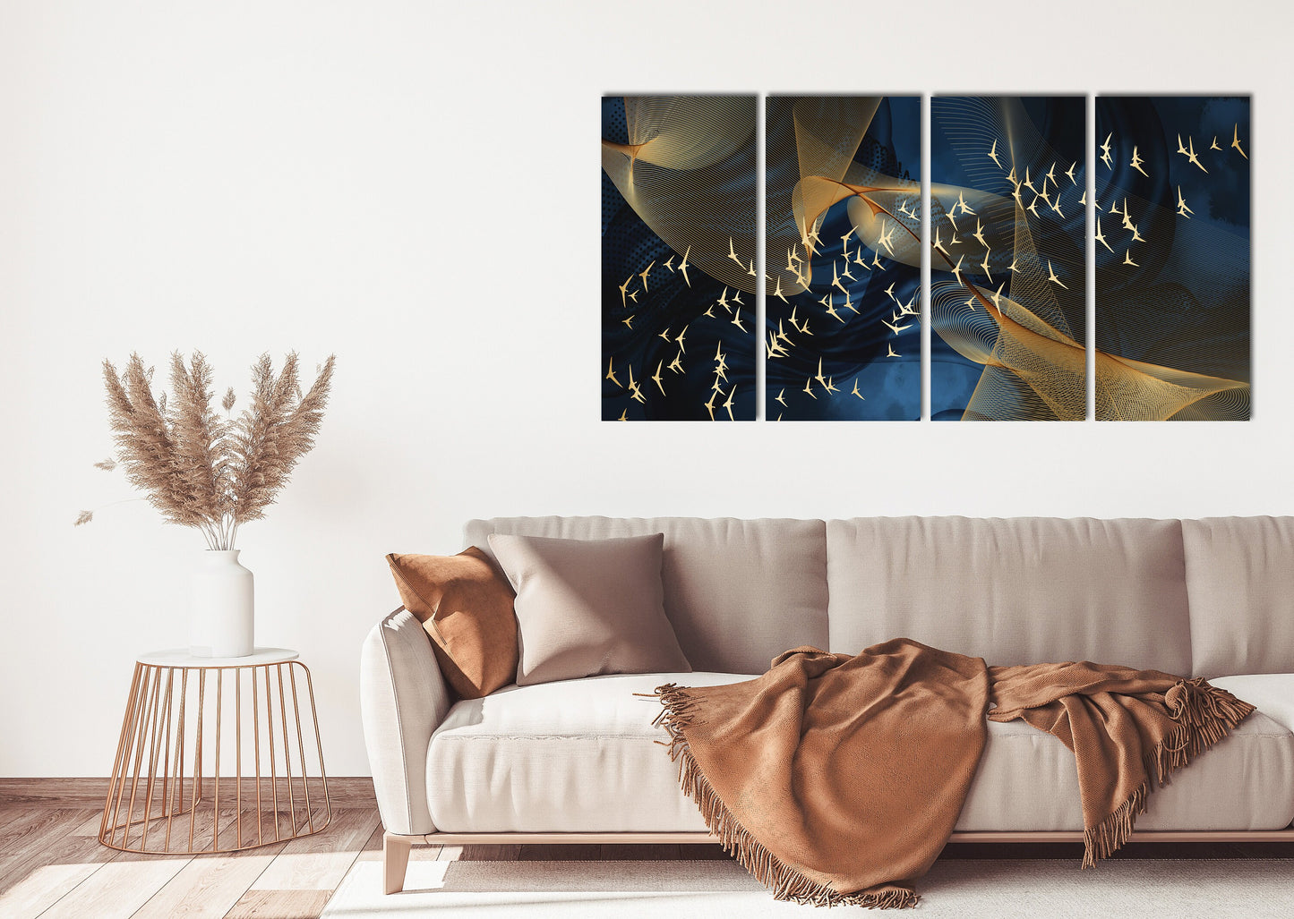 Blau-goldenes abstraktes Gemälde, trendiger abstrakter Leinwand-Wandkunstdruck, mehrteiliges extra großes Wandbild