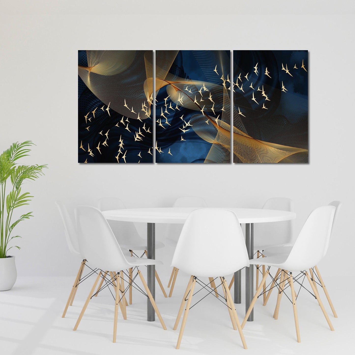 Blau-goldenes abstraktes Gemälde, trendiger abstrakter Leinwand-Wandkunstdruck, mehrteiliges extra großes Wandbild