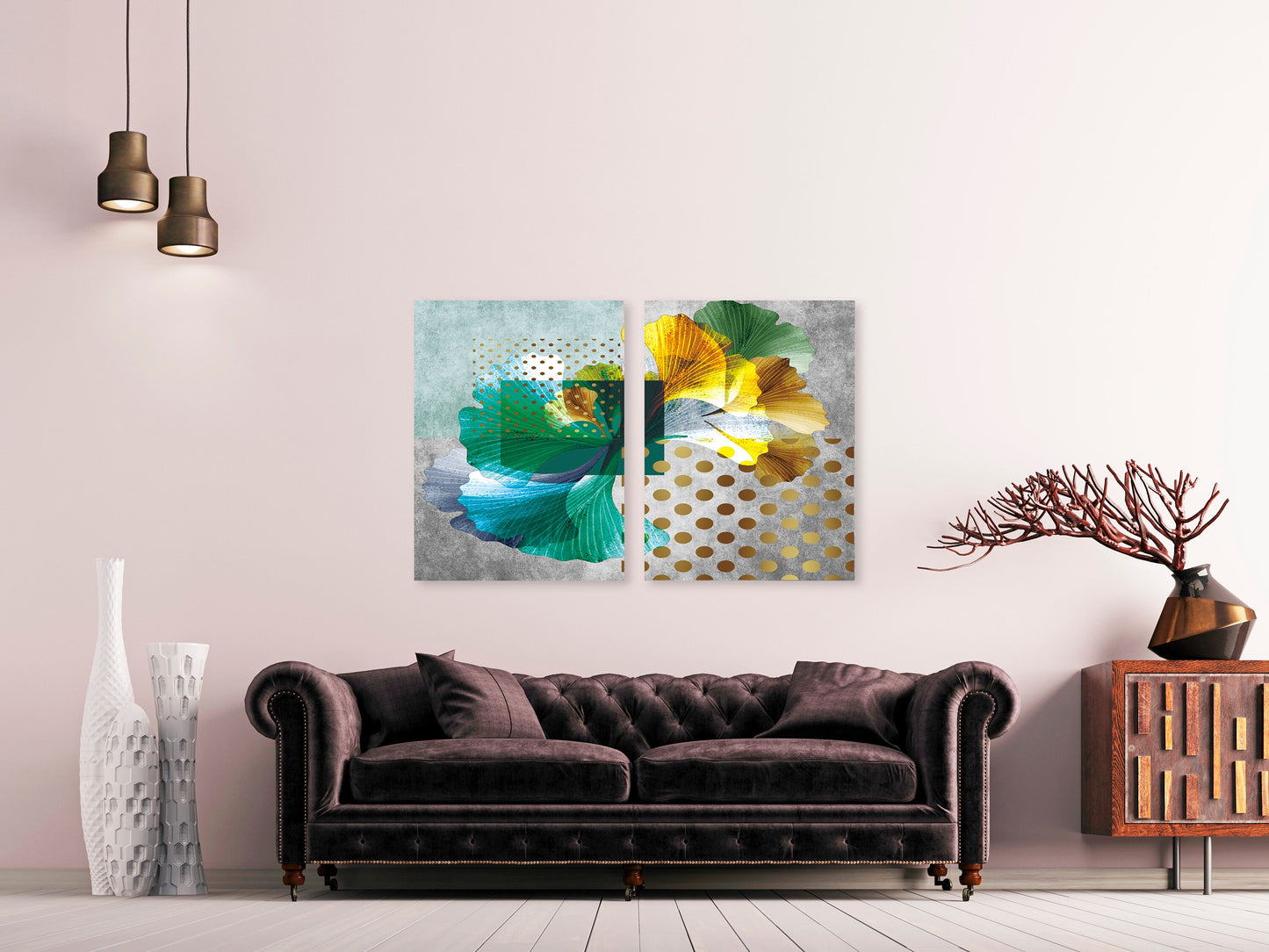 Kräuterdrucke moderne abstrakte Wandkunst, abstrakte Malerei, Blätter Wandkunst, geometrische Wandkunst