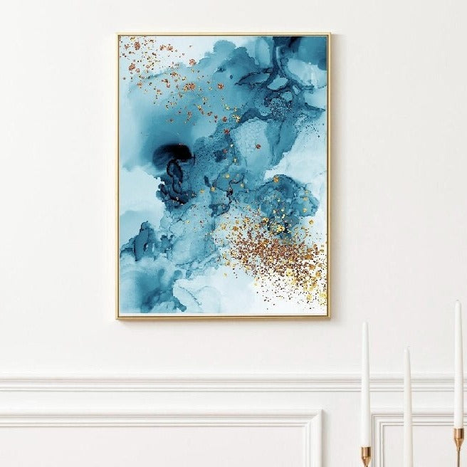 Abstrakter blau-goldener Leinwanddruck, großes Wandbild im Float-Rahmen, blaues Wellen-Leinwandgemälde, zeitgenössische gerahmte Wandkunst, minimalistisches Kunstwerk