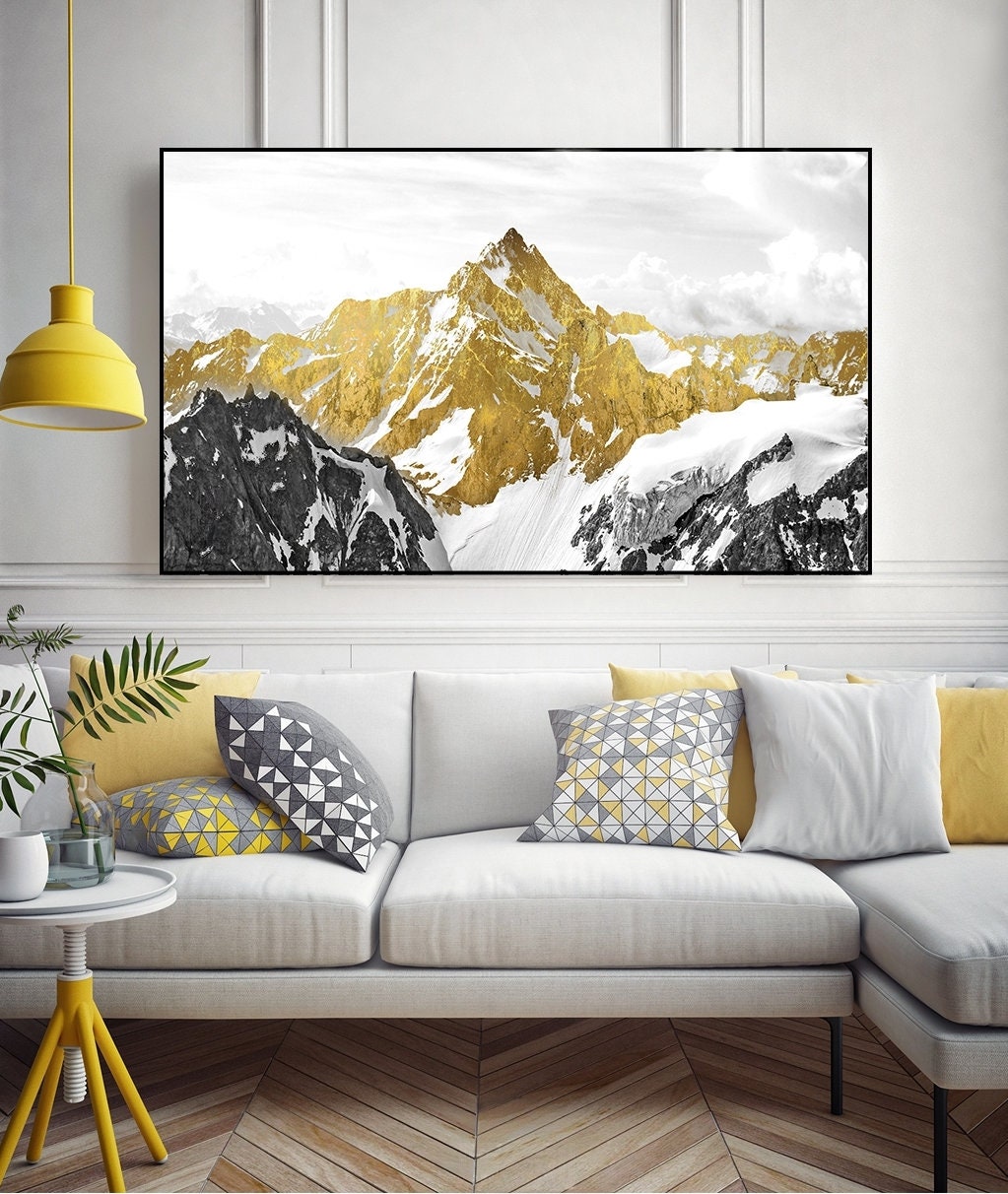 Goldene Berge Leinwand Wandkunst, Gold Floater Rahmen druckbares Kunstwerk, großer Natur Leinwanddruck, Landschaft Wandkunst, Geschenk zur Wohnungserwärmung