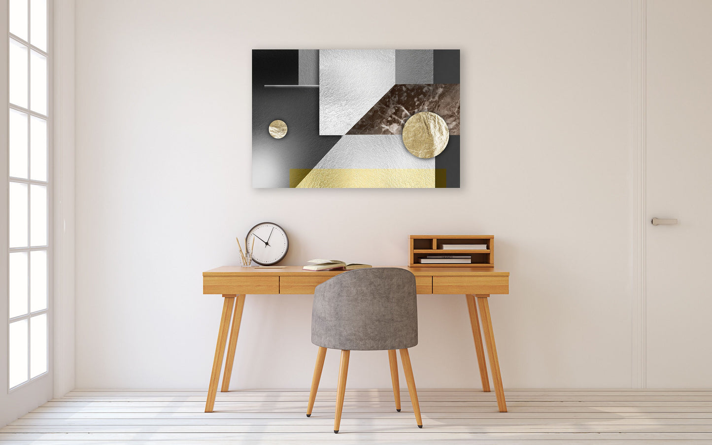 Geometrisch druckbare Leinwandkunst, abstrakte gerahmte Wandkunst, graues Floater-Rahmen-Kunstwerk für Wohnzimmer, geometrisches Wanddekor