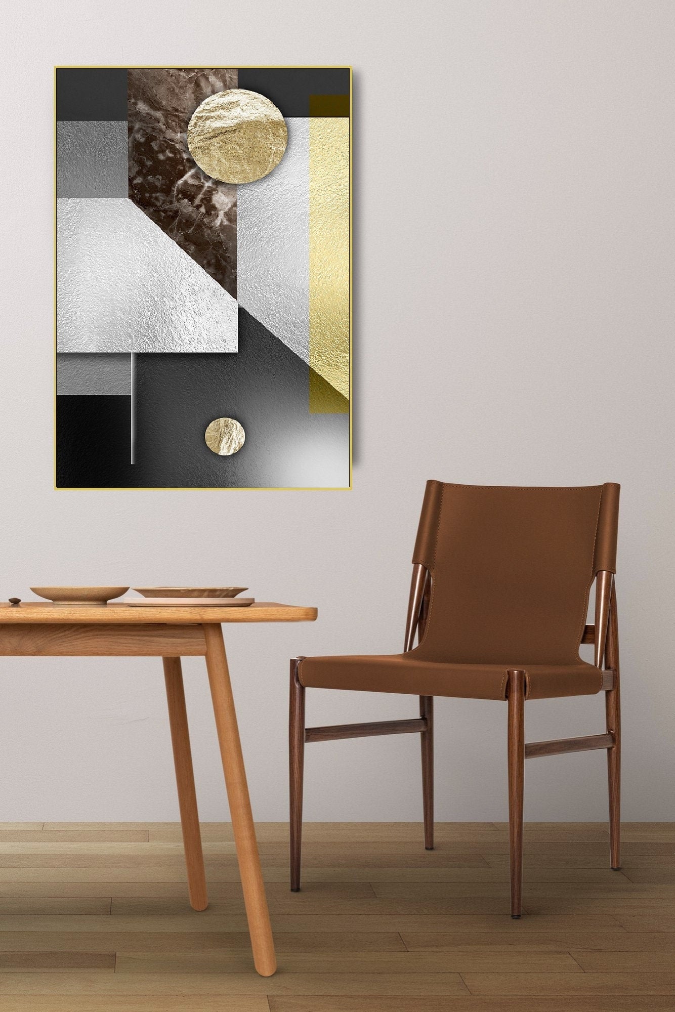 Geometrisch druckbare Leinwandkunst, abstrakte gerahmte Wandkunst, graues Floater-Rahmen-Kunstwerk für Wohnzimmer, geometrisches Wanddekor