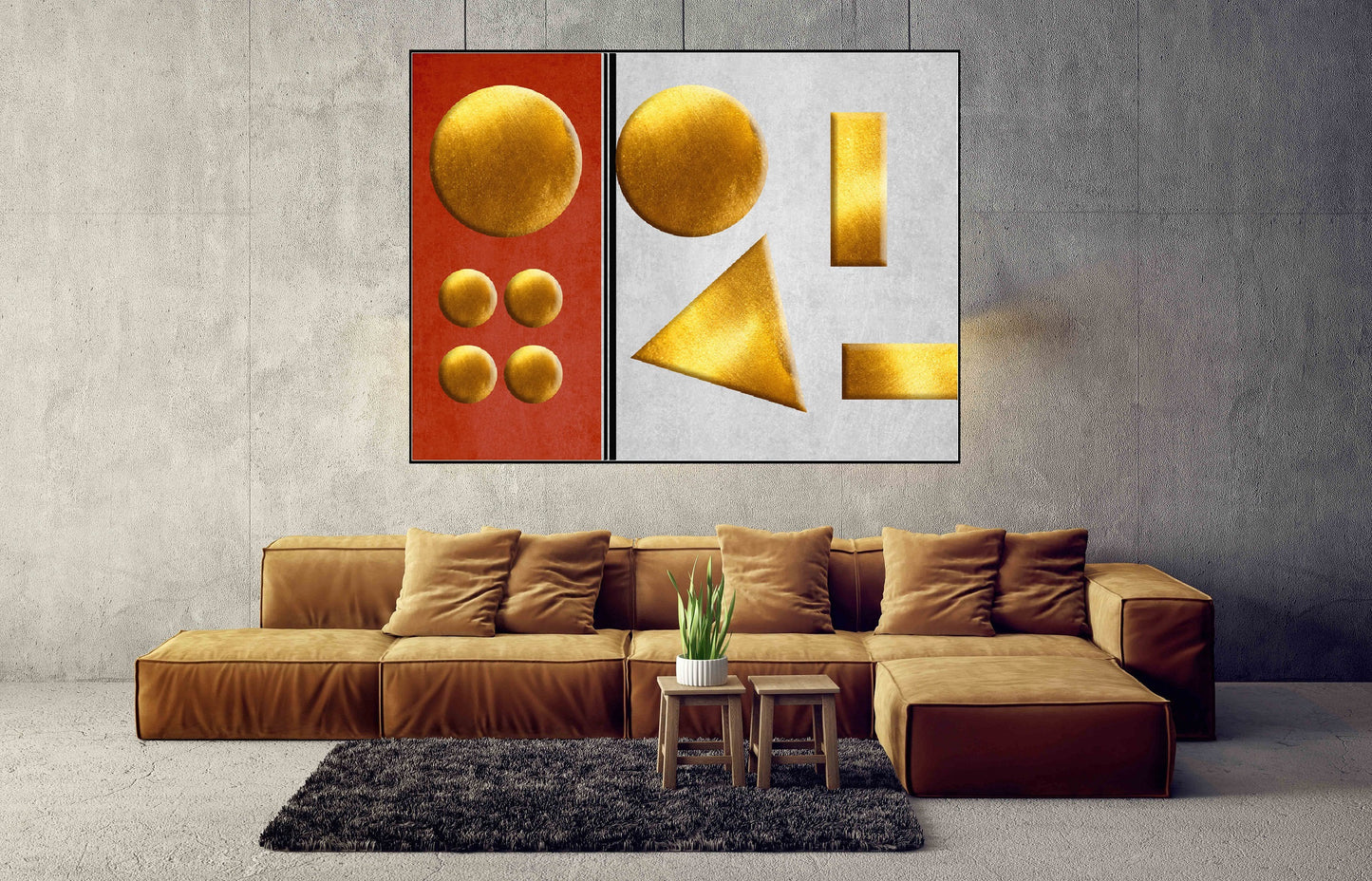 Abstrakte gerahmte geometrische Wandkunst, Kreise hängende Wanddekoration im Floater-Rahmen, modernes orange-weißes druckbares Kunstwerk für das Wohnzimmer