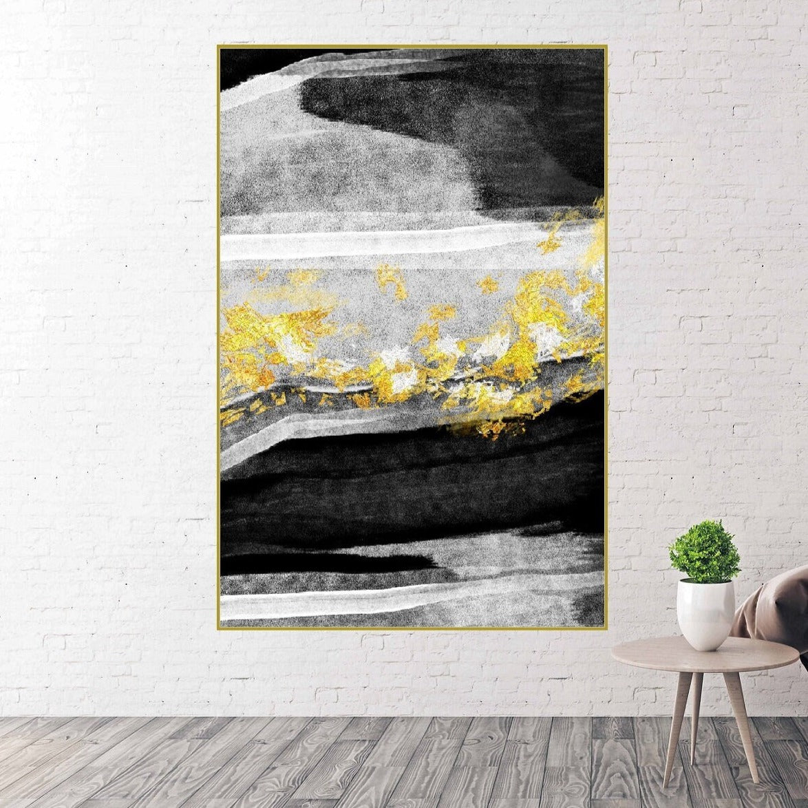 Großes abstraktes Wanddekor, schwebender Leinwanddruck, moderne schwarz-goldene Wandkunst, gerahmte Wohnzimmer-Wandkunst, abstraktes Kunstwerk