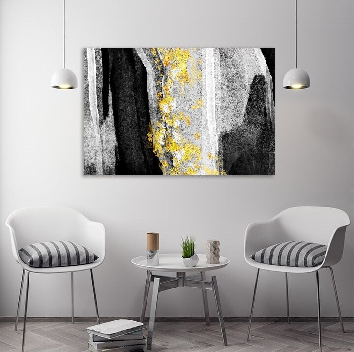 Großes abstraktes Wanddekor, schwebender Leinwanddruck, moderne schwarz-goldene Wandkunst, gerahmte Wohnzimmer-Wandkunst, abstraktes Kunstwerk