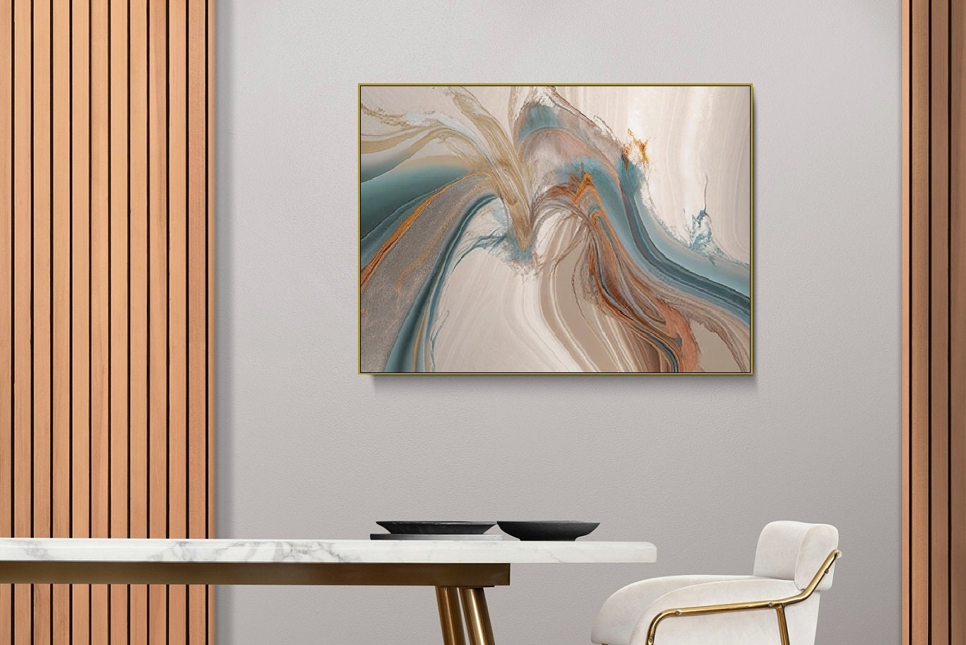 Großes abstraktes Wandbild, großes Wandbild im Float-Rahmen, blau-beiges Leinwandbild, zeitgenössisches gerahmtes Wandbild, minimalistisches Schlafzimmer-Kunstwerk