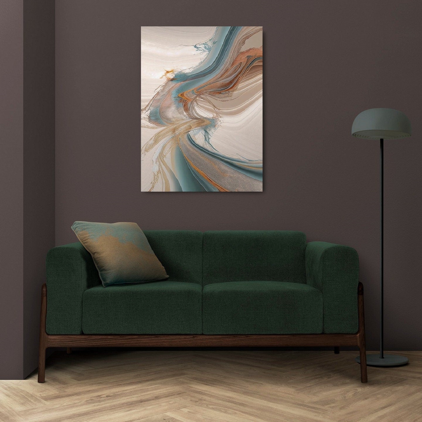 Großes abstraktes Wandbild, großes Wandbild im Float-Rahmen, blau-beiges Leinwandbild, zeitgenössisches gerahmtes Wandbild, minimalistisches Schlafzimmer-Kunstwerk