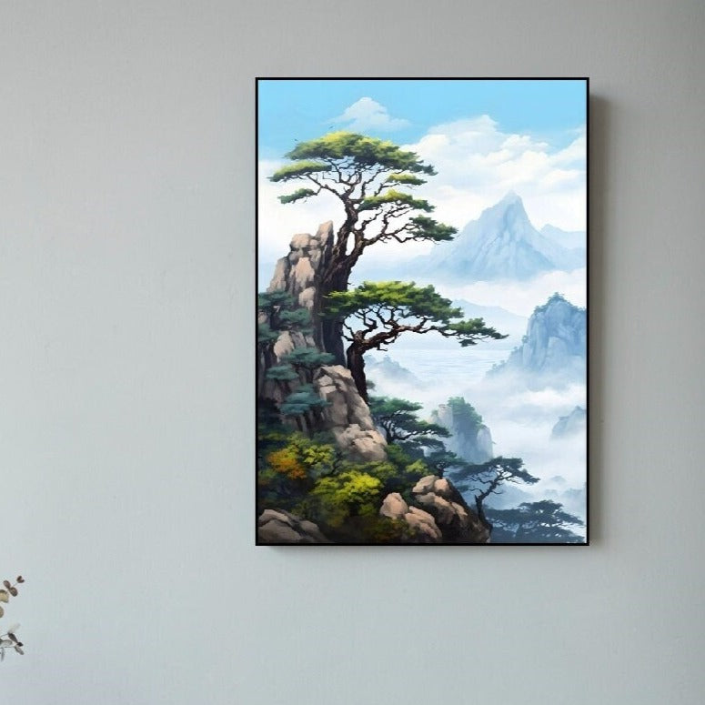 Natur druckbare Wandkunst, Berge Leinwanddruck, schwebender Rahmen Landschaftskunst, botanische Wandkunst, großer Baum Leinwanddruck für Schlafzimmer