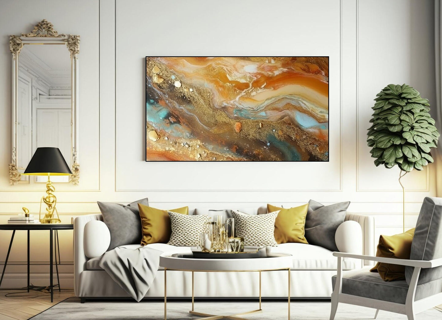 Großer abstrakter Leinwanddruck, gerahmte Marmor-Wandkunst, druckbares Kunstwerk mit goldenen Wellen, schwebender Rahmen, Wohnzimmer-Wandkunst, modernes Geschenkkunstwerk