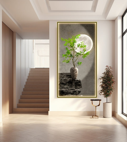 Nature wall art, large botanical canvas print, framed moon artwork, printable grey green wall art, floater frame living room canvas print