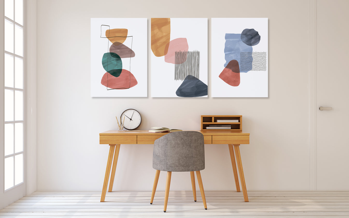 Mid century modern abstract wall art, printable wall art set of 3, minimalist wall art, geometric canvas painting