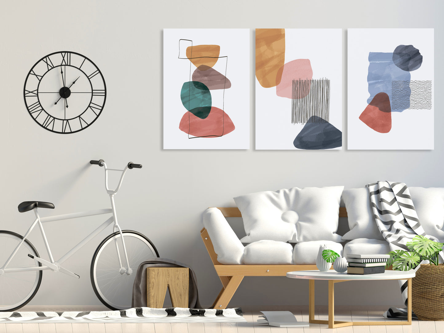 Mid century modern abstract wall art, printable wall art set of 3, minimalist wall art, geometric canvas painting