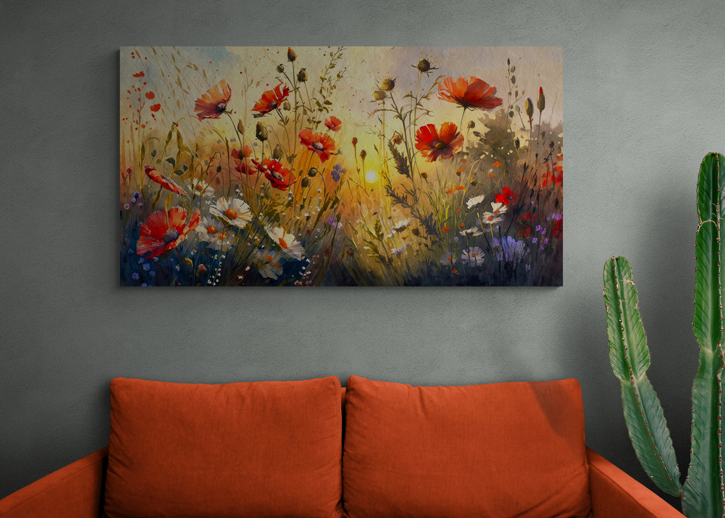 Framed floral wall art, canvas print with poppies, floral field wall art, red poppy artwork, botanical wall art