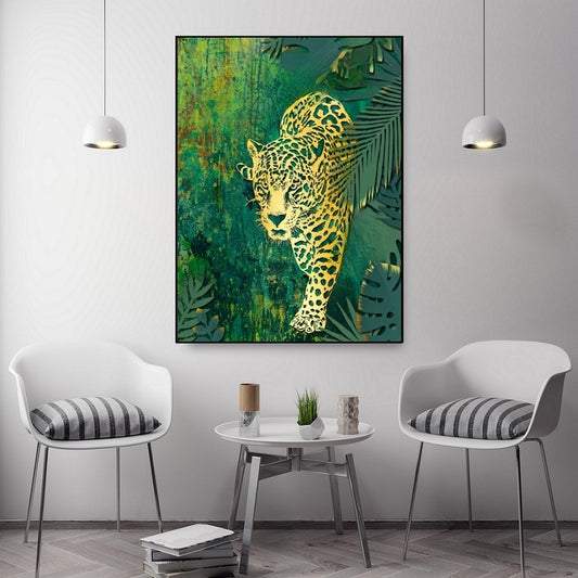 Leopard canvas wall art, animals artwork in floating frame, green hanging wall decor, printable nature wall art, large living room wall art