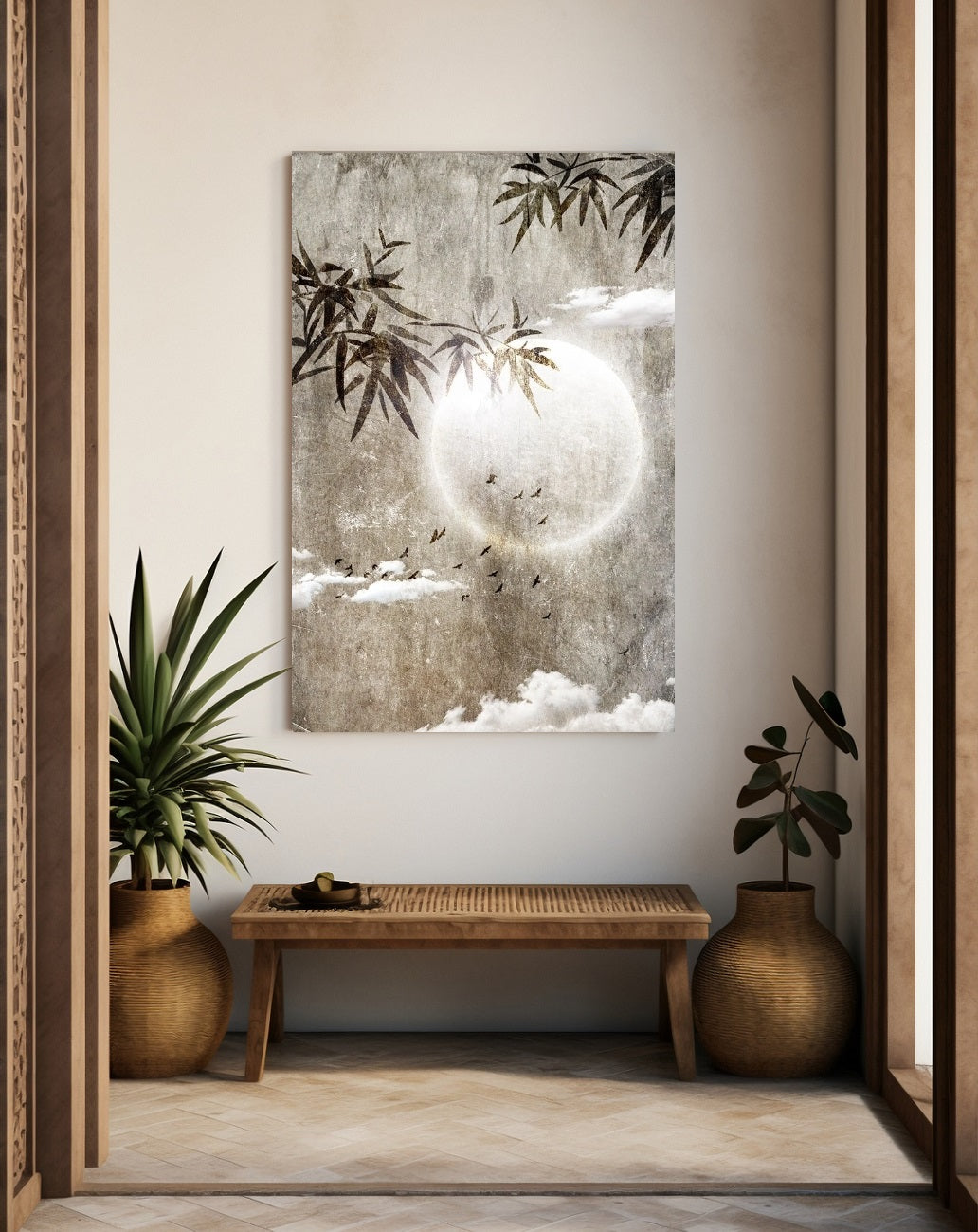 Oriental style wall art, large floater frame canvas print with moon, modern framed tropical artwork, printable living room nature wall art