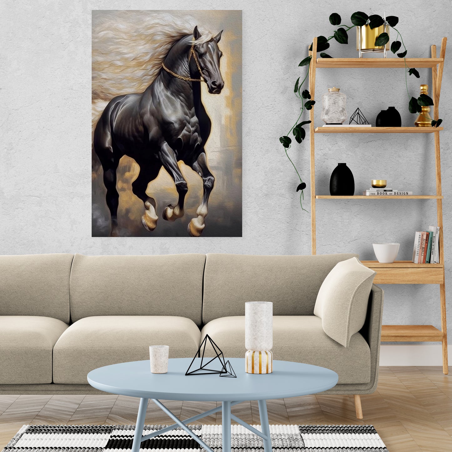 Large horse artwork, floater frame animal canvas print, printable black horse artwork, framed living room wall art, aluminum frame wall art