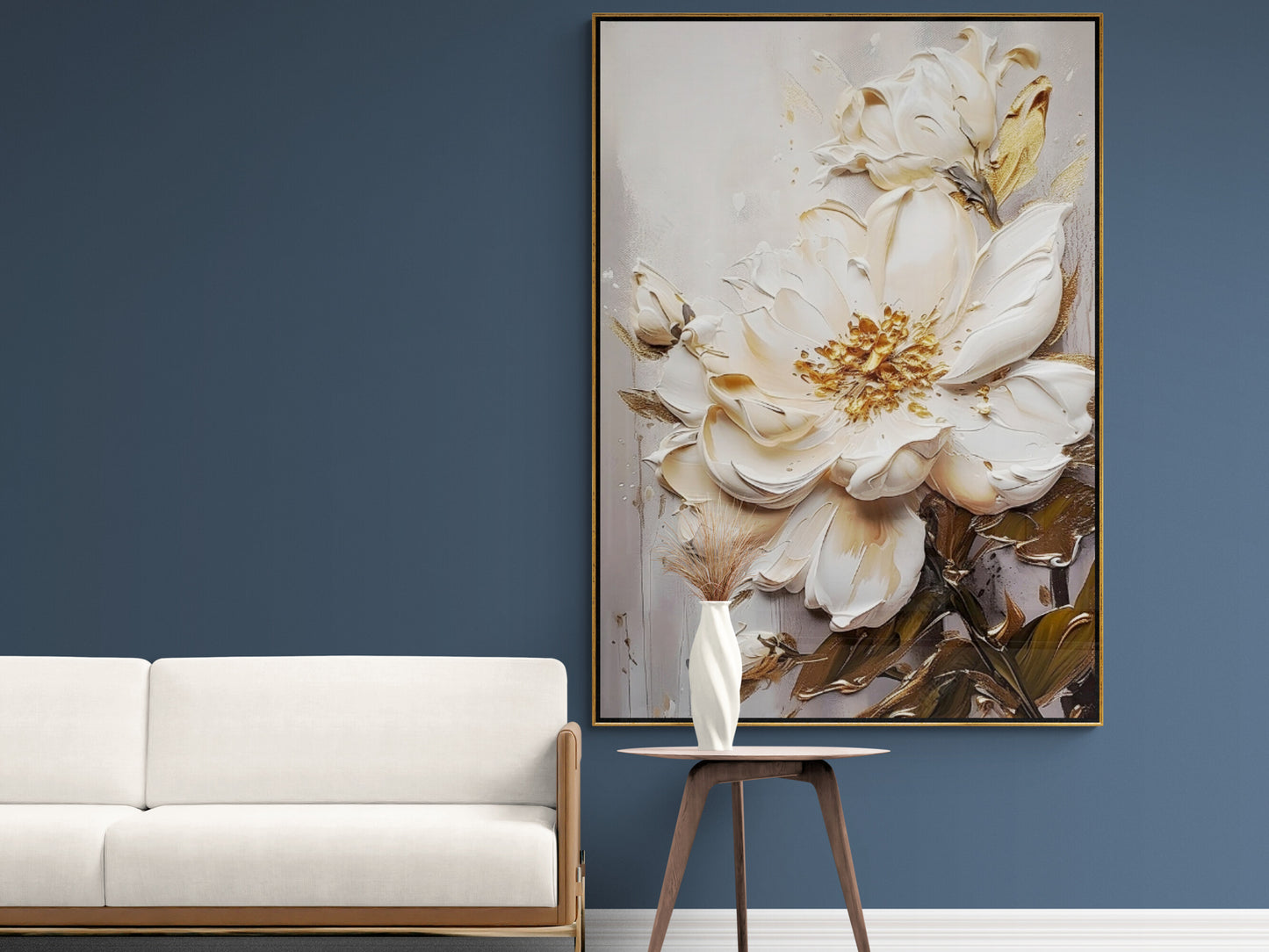 Large floral wall art, framed 3d flower artwork, printable botanical wall art, white flower oil paint canvas print, gentle bedroom wall art