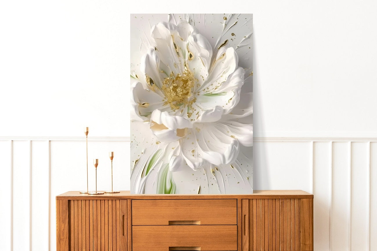 Floral 3D wall art, large white & gold artwork, printable floater frame wall art, volumetric white flower canvas print, living room wall art