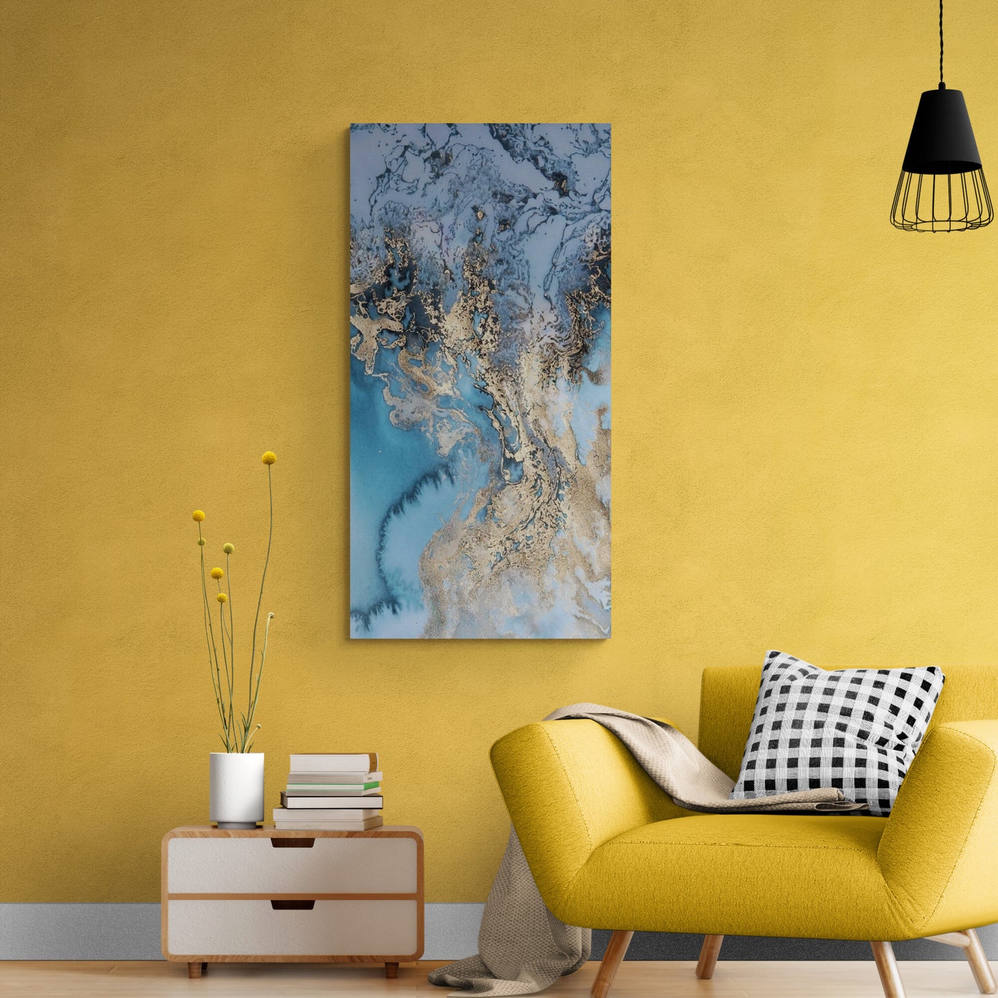 Blue and gold wall art, abstract art print, marble effect artwork, modern framed canvas print to living room, gift for him