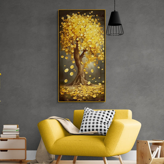 Money tree art print, framed golden tree wall art, vertical botanical wall art, modern living room wall art, fantasy art print, gift for boss