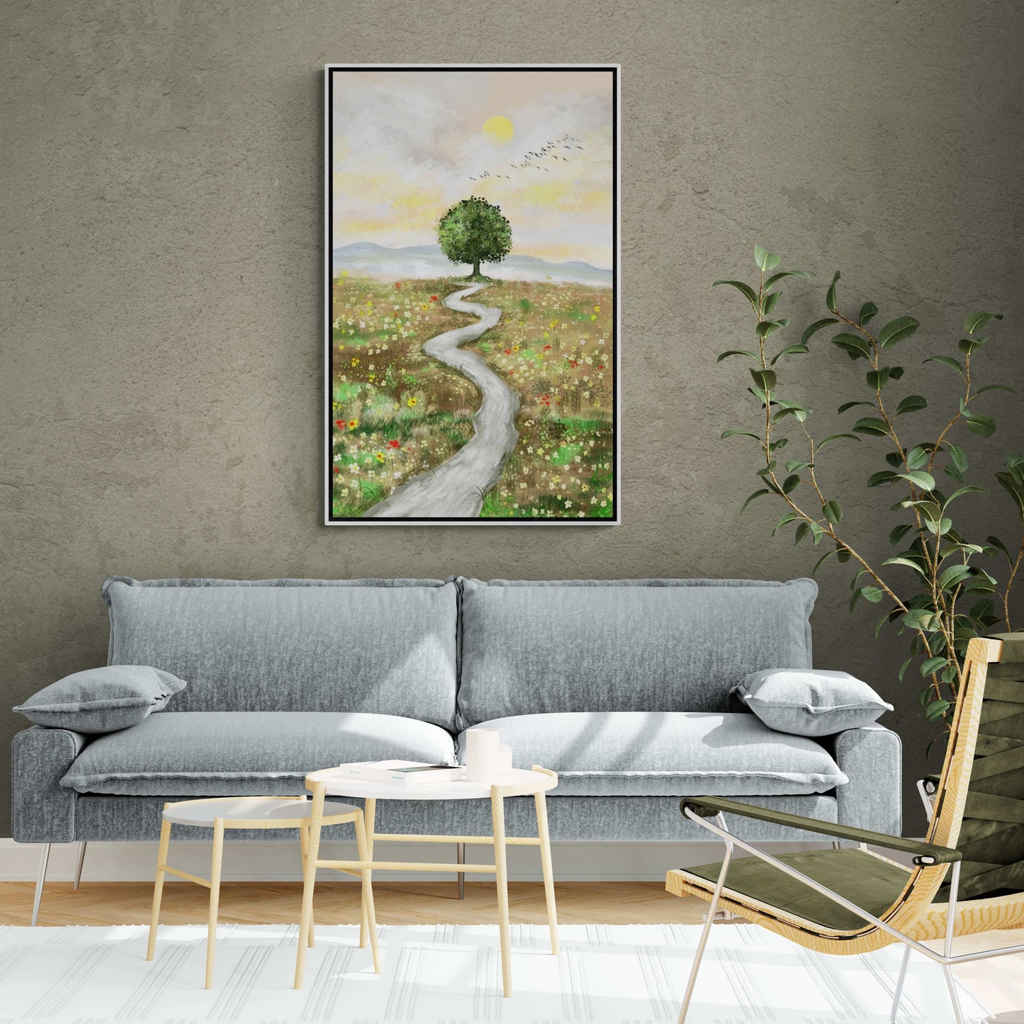 Nature canvas print, wall art with green tree on the floral field, vertical panoramic artwork, framed landscape wall art, large green canvas print, godmother gift