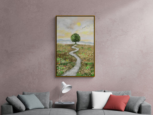 Nature canvas print, wall art with green tree on the floral field, vertical panoramic artwork, framed landscape wall art, large green canvas print, godmother gift