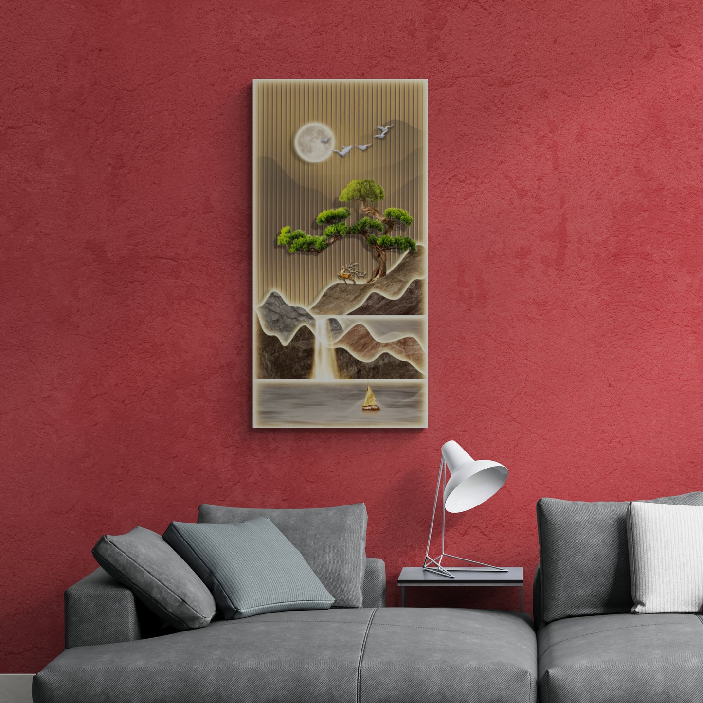 Japandi wall art, chinoiserie canvas print, large nature art print, framed botanical wall art, framed mountains wall art, vertical living room art print