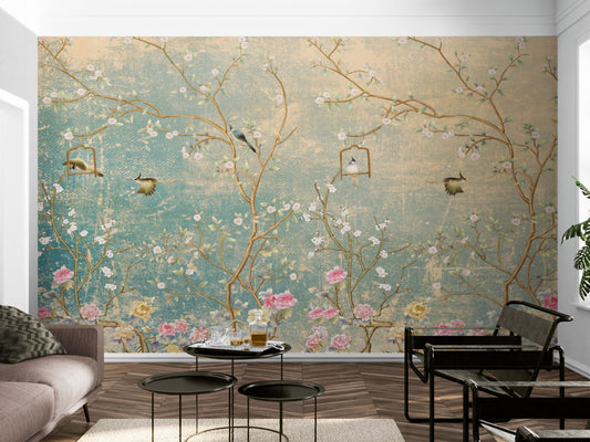 Chinoiserie wallpaper mural, large wallpaper with birds and trees, Asian botanical wall mural, accent removable wallpaper, self adhesive wallpaper, canvas peel and stick wall mural