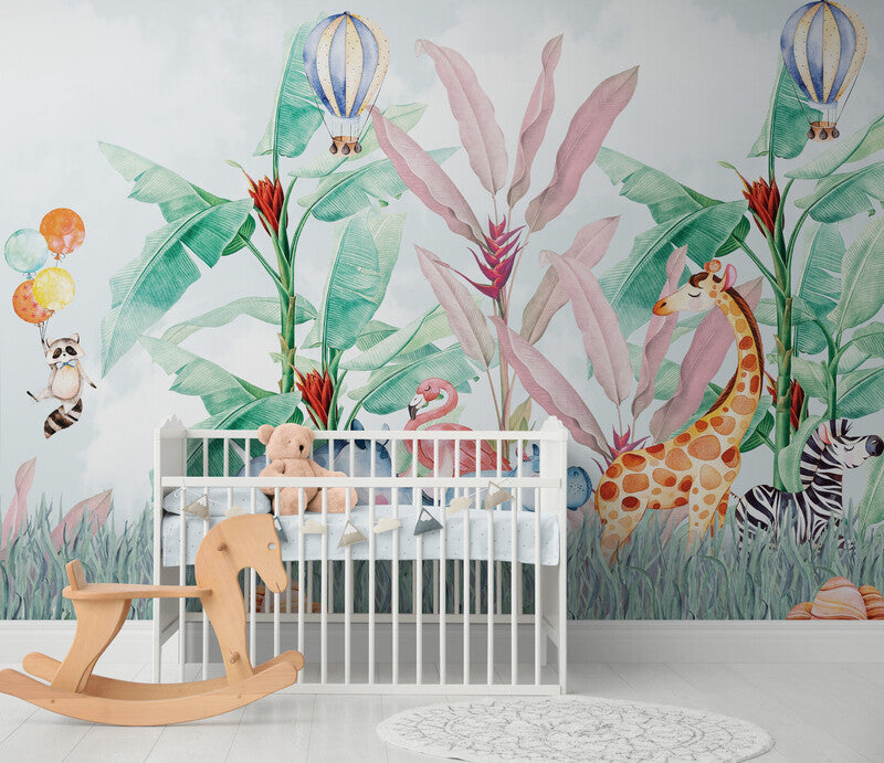 Children wallpaper with botanical image, peel and stick nursery wallpaper, temporary wall mural for kids room