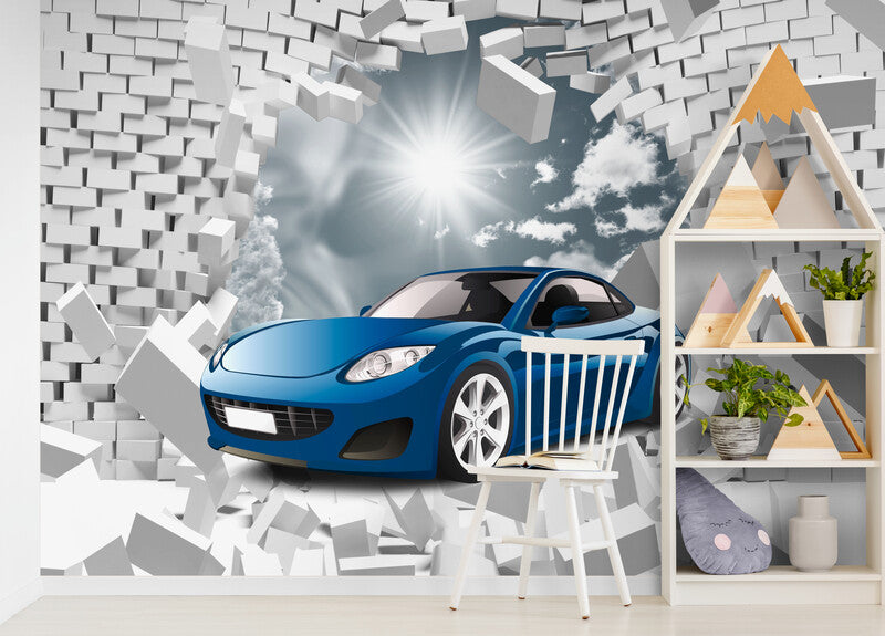 3D effect wallpaper, wallpaper with blue car, wallpaper with bricks, wall mural for nursery, children`s wallpaper, peel and stick wallpaper