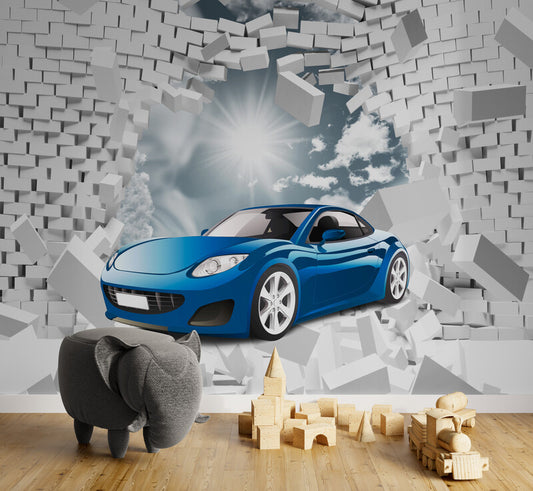 3D effect wallpaper, wallpaper with blue car, wallpaper with bricks, wall mural for nursery, children`s wallpaper, peel and stick wallpaper