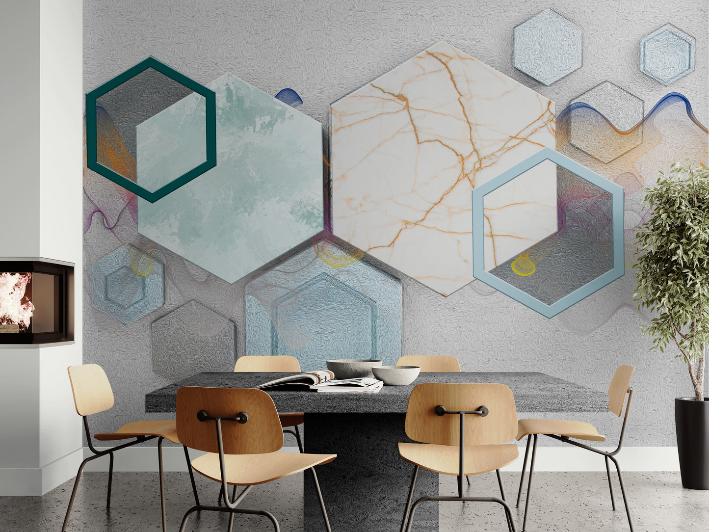 3d wallpaper, large geometrical wall mural, wallpaper with hexagons, peel and stick wallpaper, accentual wall mural for living room