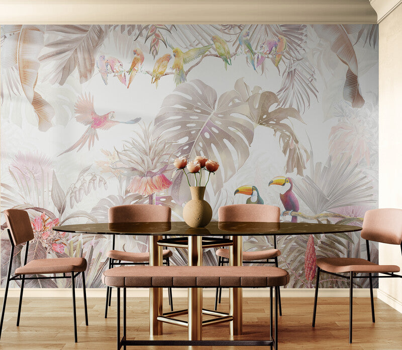 Botanical self adhesive wall mural, peel and stick nature wallpaper, accentual tropical wallpaper, removable wallpaper with birds